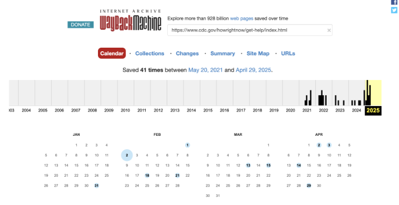 Screenshot of Wayback Machine for same URL, showing dates when captures were taken